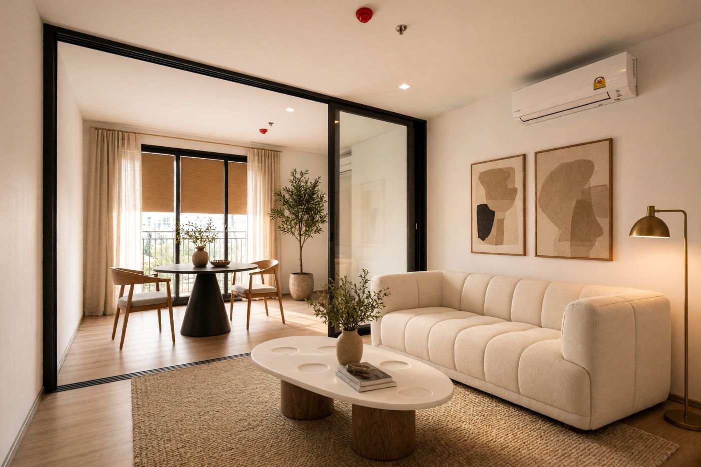 The same room rendered furnished with a cream channel-tufted sofa, oval coffee table, black cone dining table and wooden armchairs